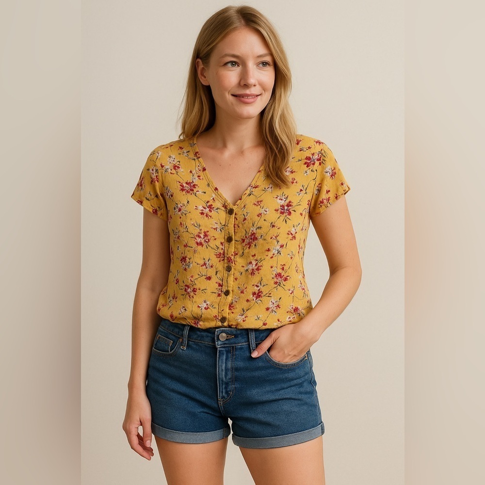 Maurices Small Yellow and Pink Short Sleeve Blouse